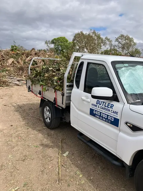 The white Butler ute loaded high with prunings and green waste